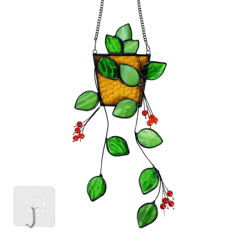 Royxen Stained Glass Window Hanging  Sun Catcher  Suncatchers for Windows Hanging  Green Plants with Yellow Pot - Image 1